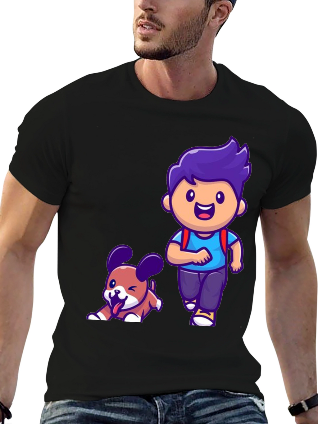 Cartoon Boy and Dog Graphic T-Shirt