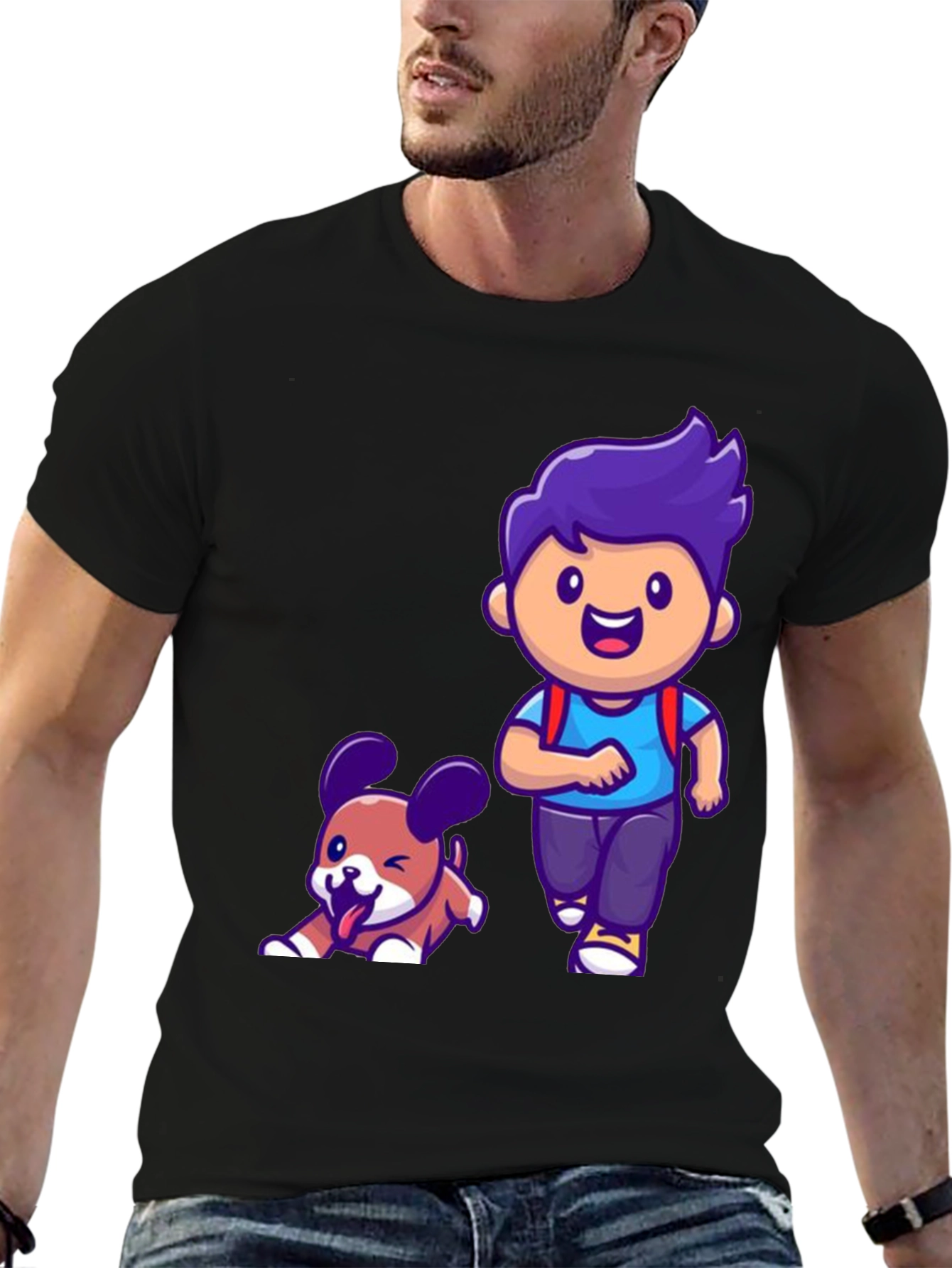 Cartoon Boy and Dog Graphic T-Shirt
