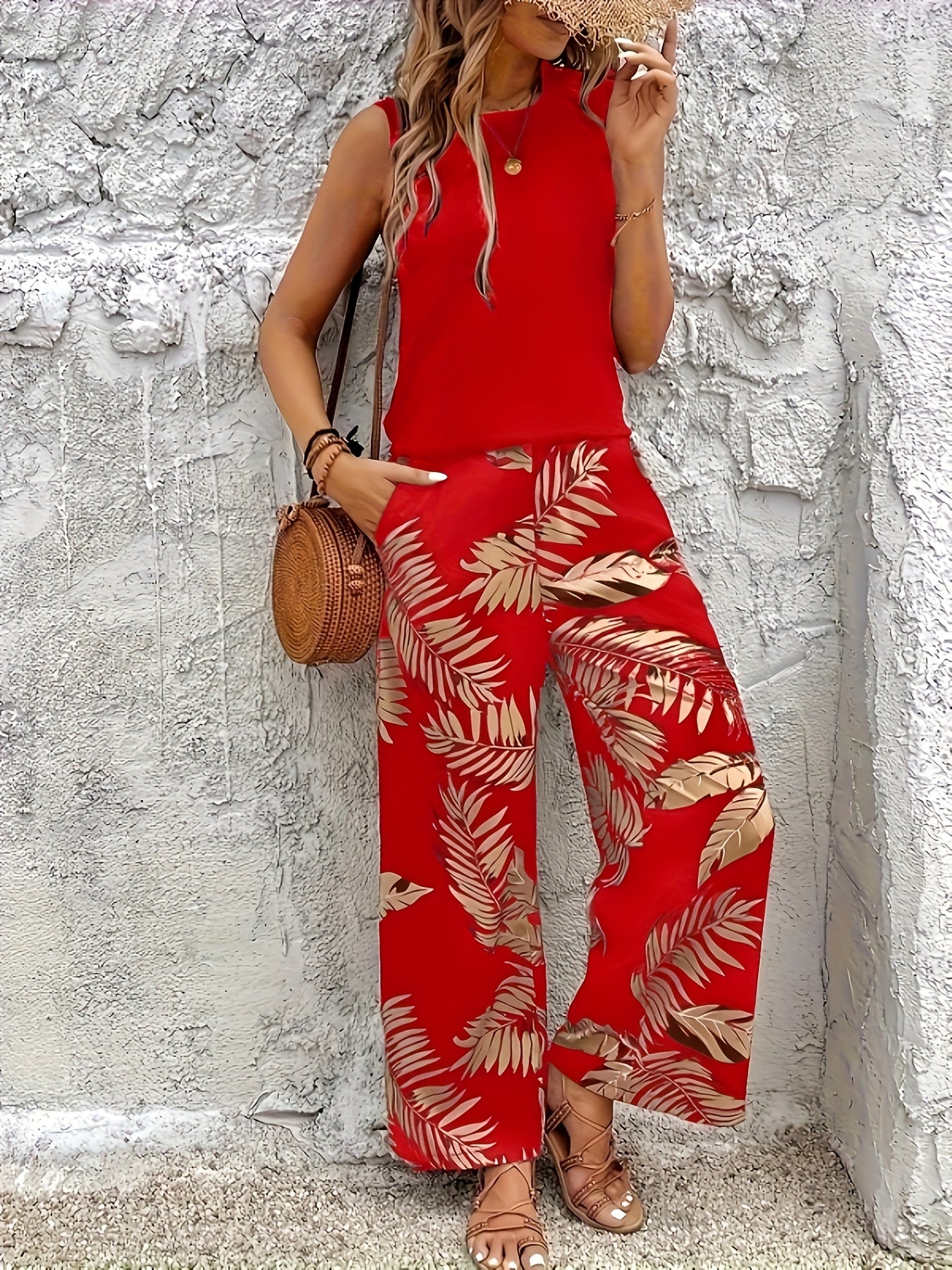 Temperament Solid Color Sleeveless Top And Printed Long Pants Two-Piece Set