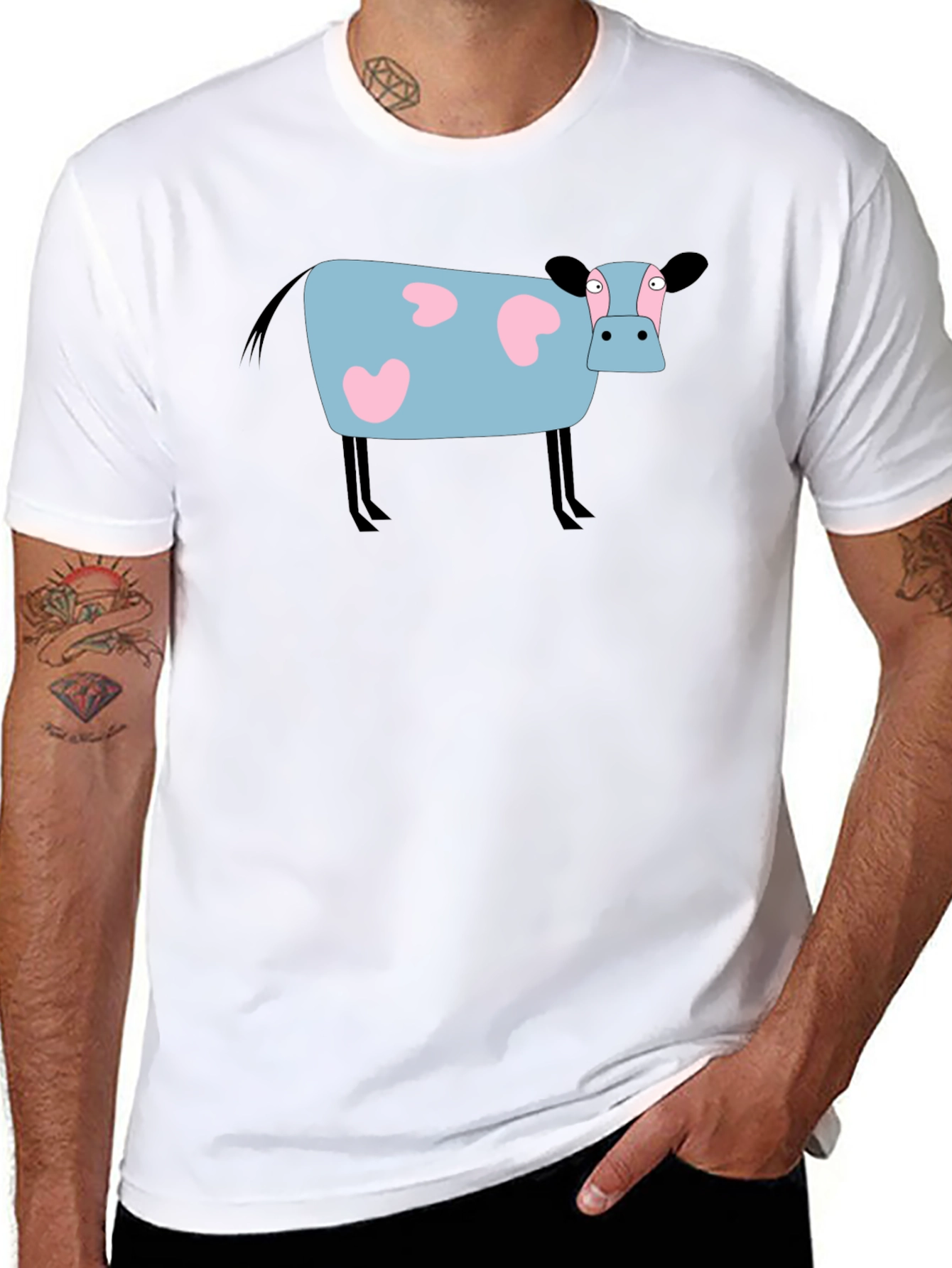 Cartoon Cow Graphic Tee - Black Cotton T-Shirt