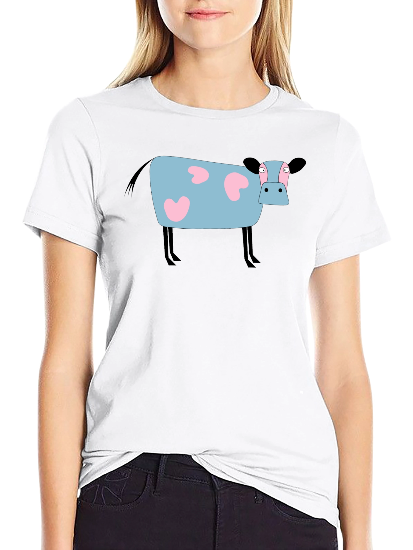 Cartoon Cow Graphic Tee - Black Cotton T-Shirt