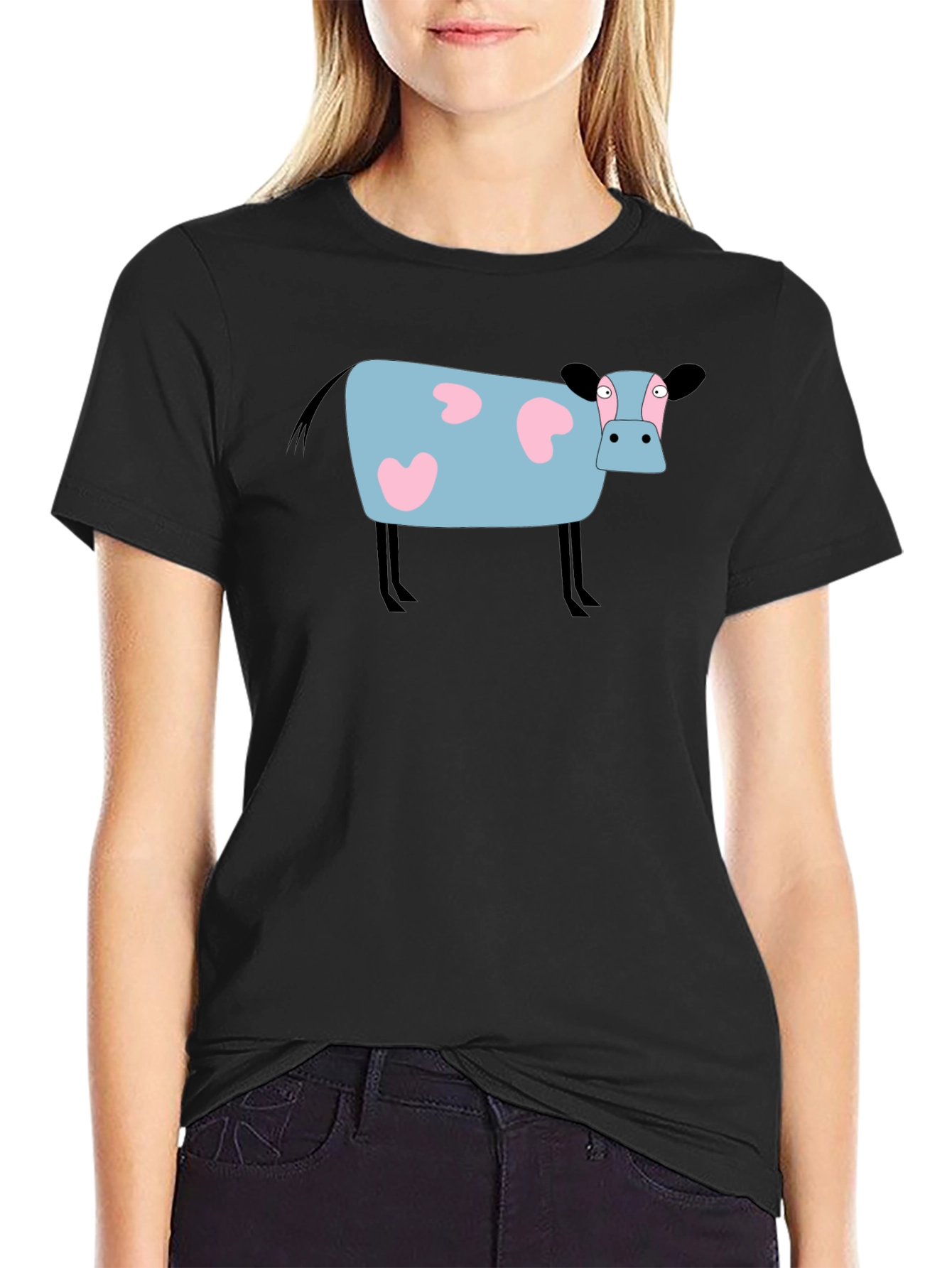 Cartoon Cow Graphic Tee - Black Cotton T-Shirt
