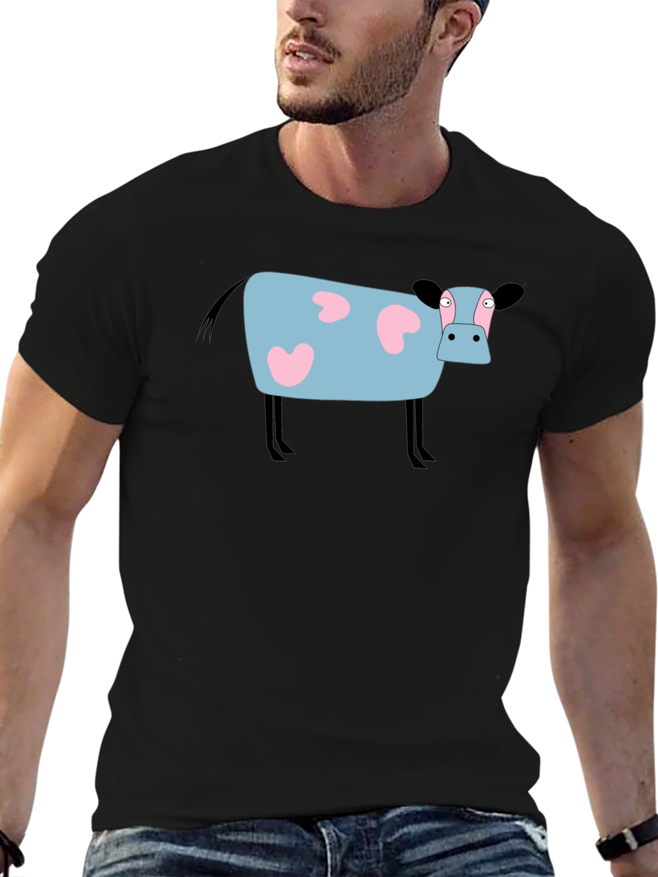 Cartoon Cow Graphic Tee - Black Cotton T-Shirt