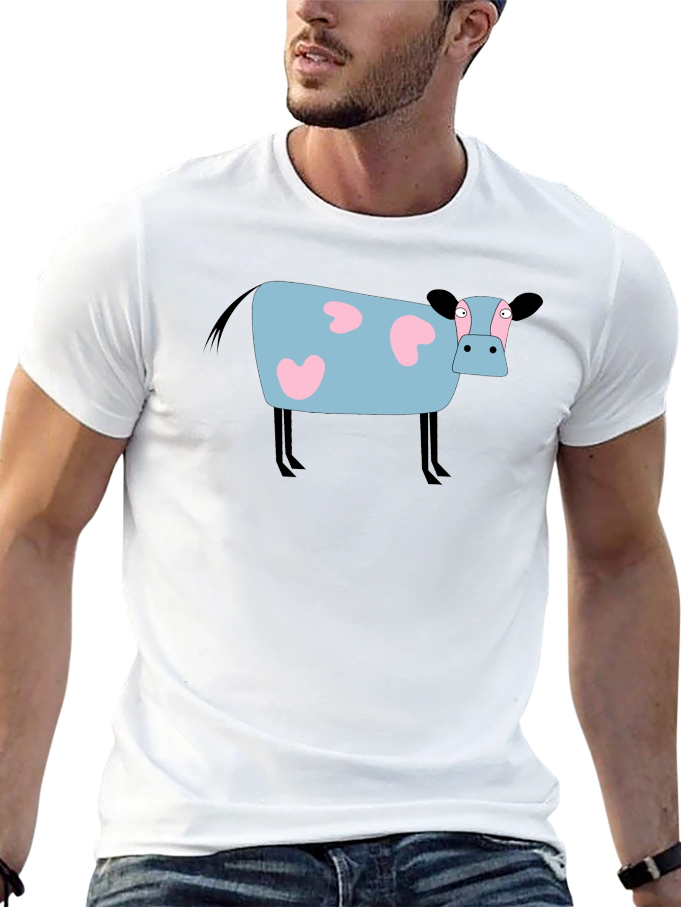 Cartoon Cow Graphic Tee - Black Cotton T-Shirt