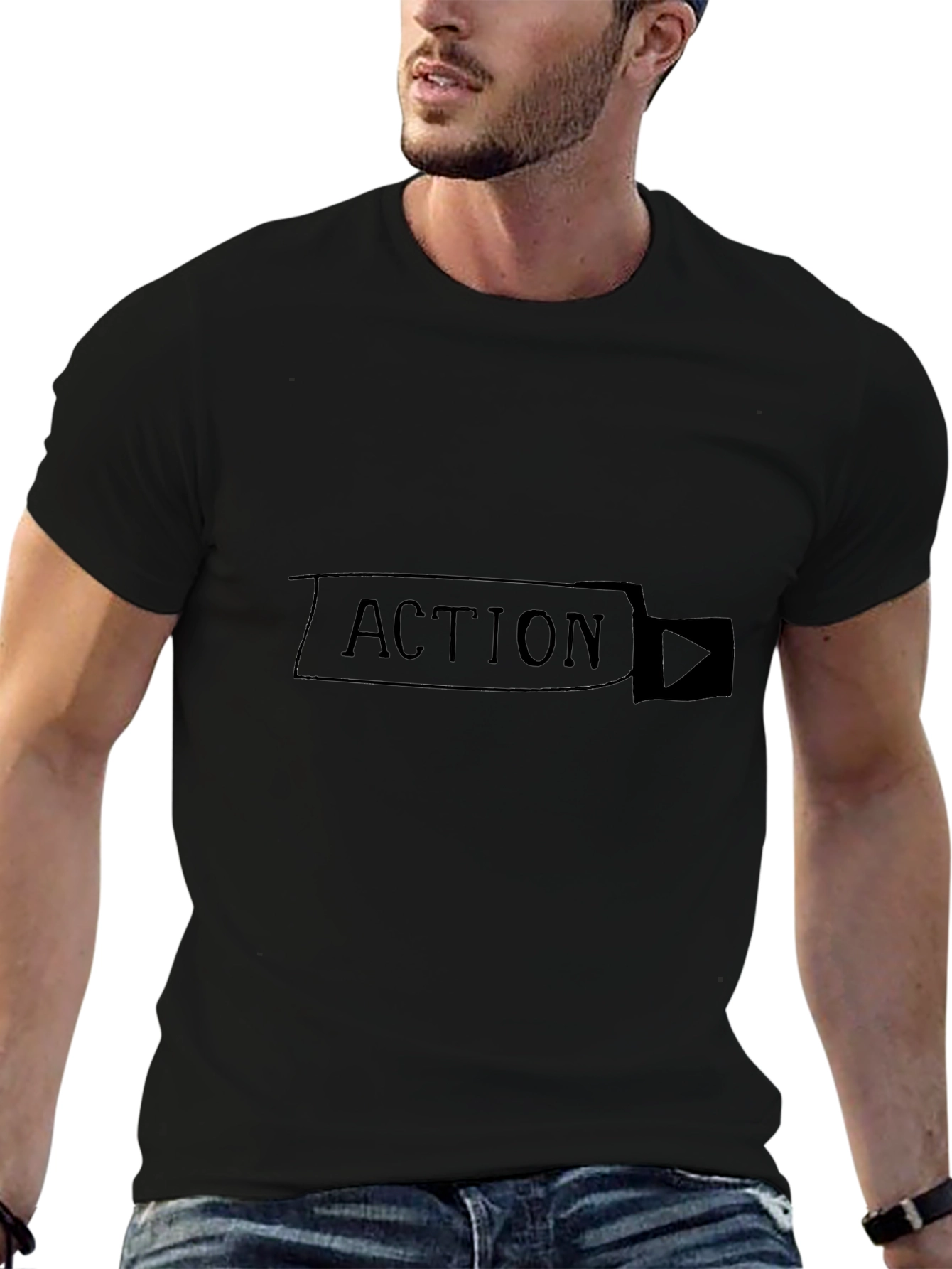 Action T-Shirt - Black Cotton Blend Play Button Design