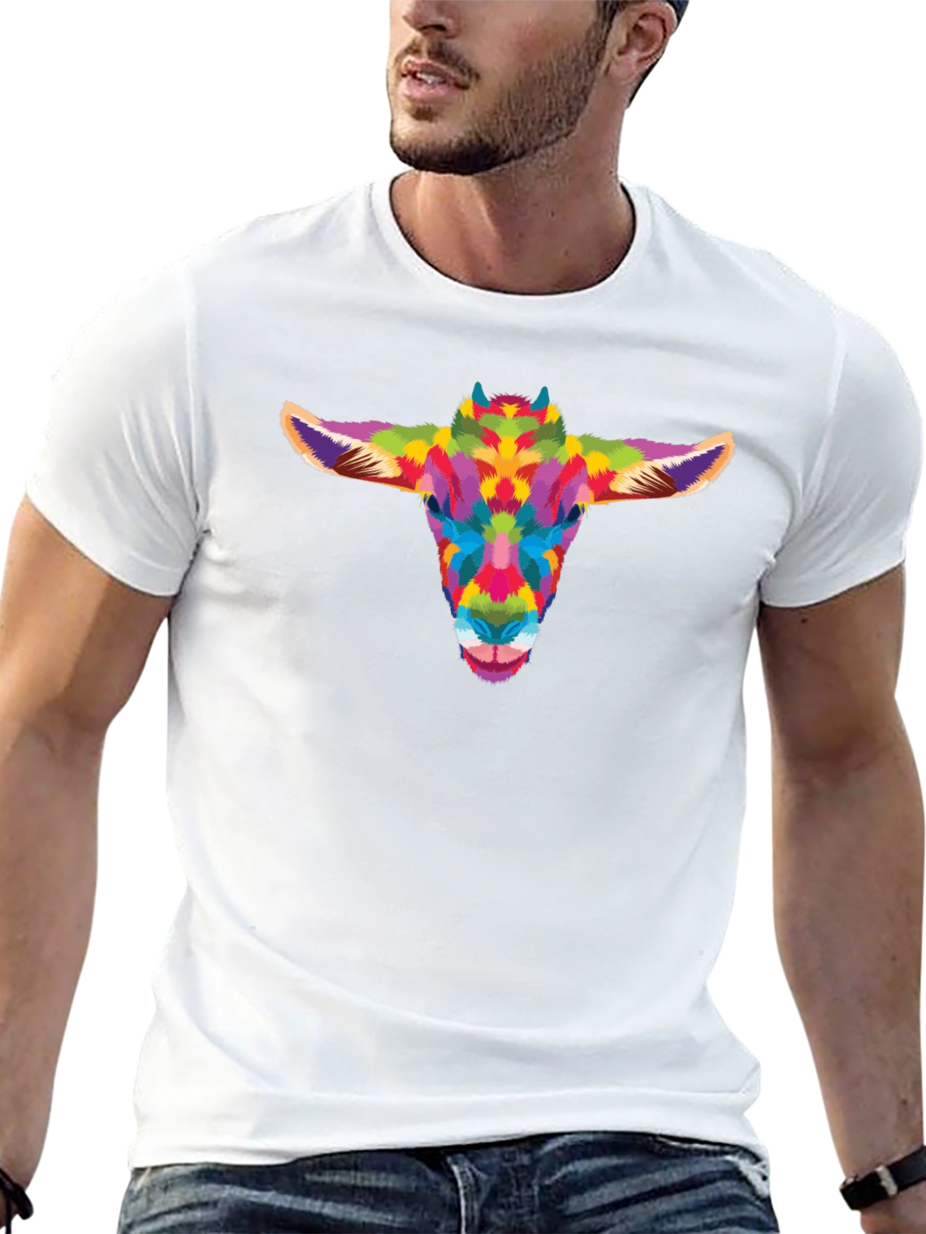 Colorful Goat Head Graphic Tee - Black Cotton Shirt