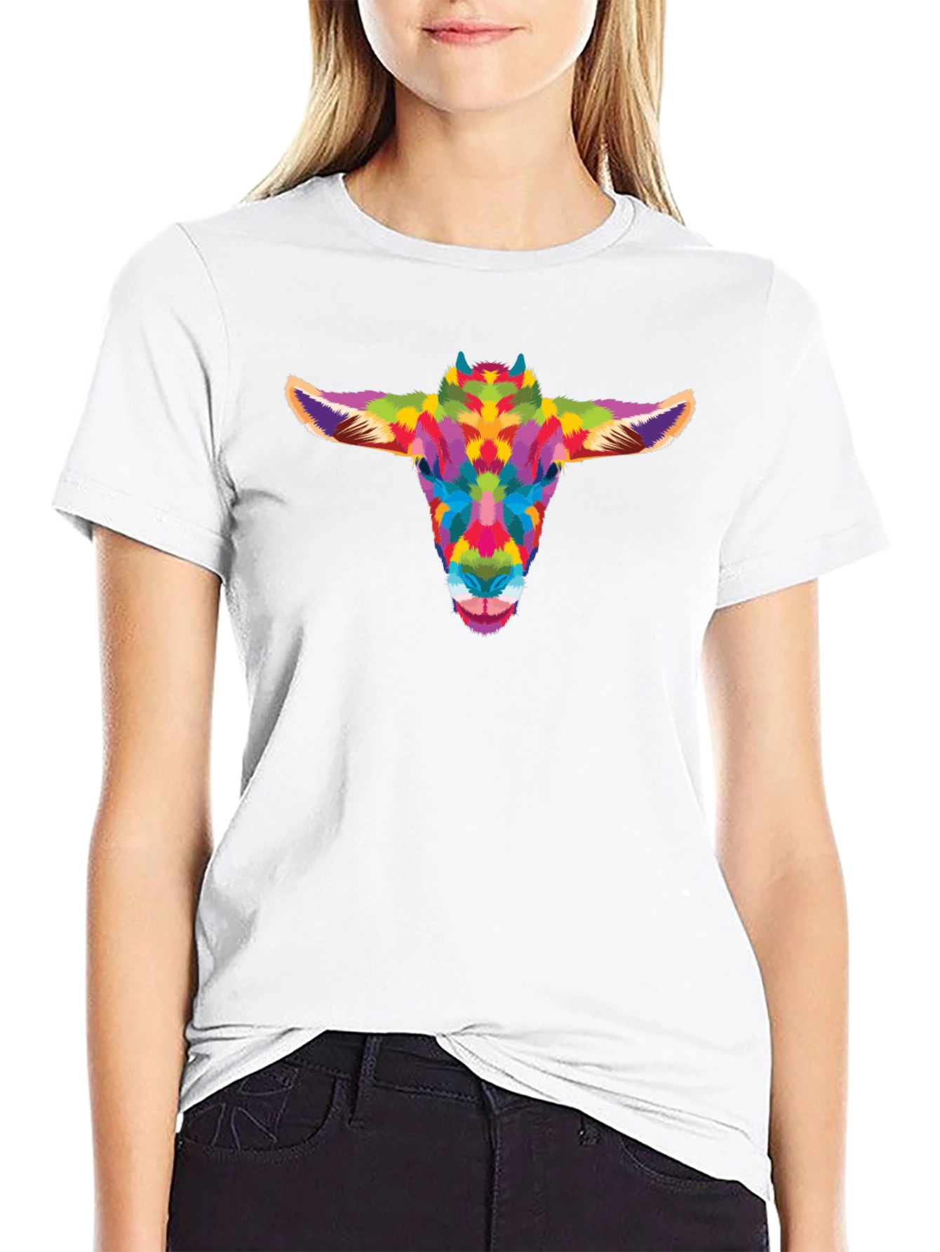 Colorful Goat Head Graphic Tee - Black Cotton Shirt