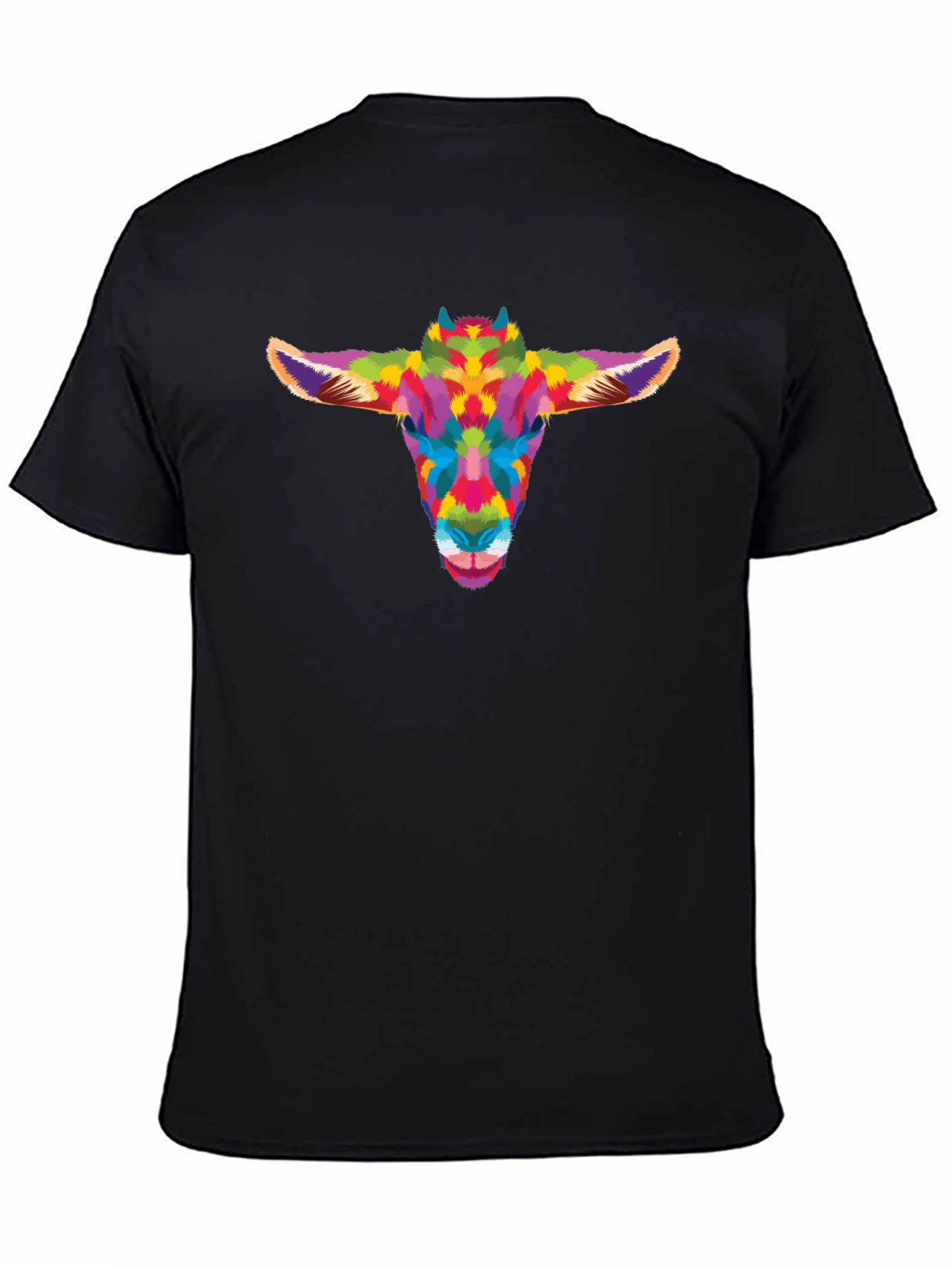 Colorful Goat Head Graphic Tee - Black Cotton Shirt
