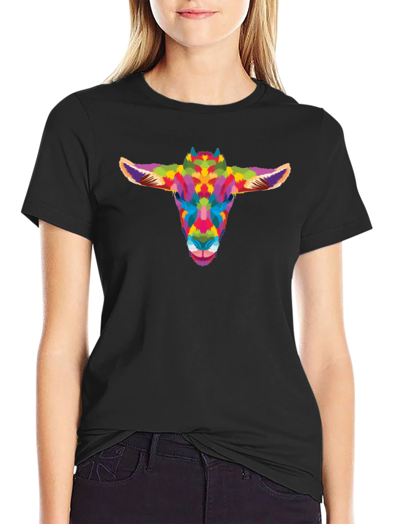 Colorful Goat Head Graphic Tee - Black Cotton Shirt