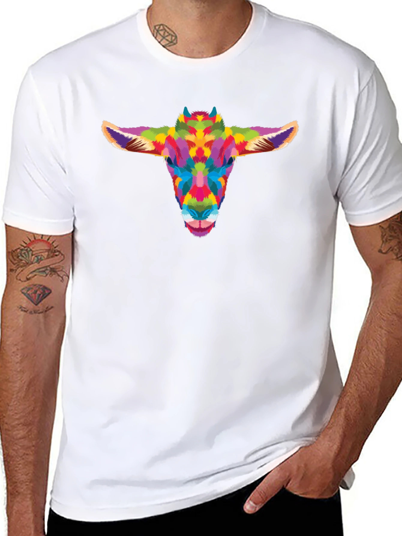 Colorful Goat Head Graphic Tee - Black Cotton Shirt