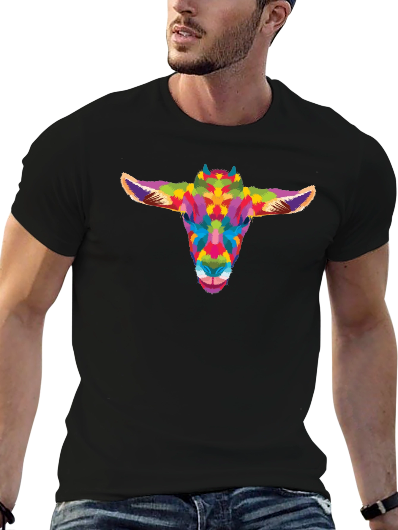Colorful Goat Head Graphic Tee - Black Cotton Shirt