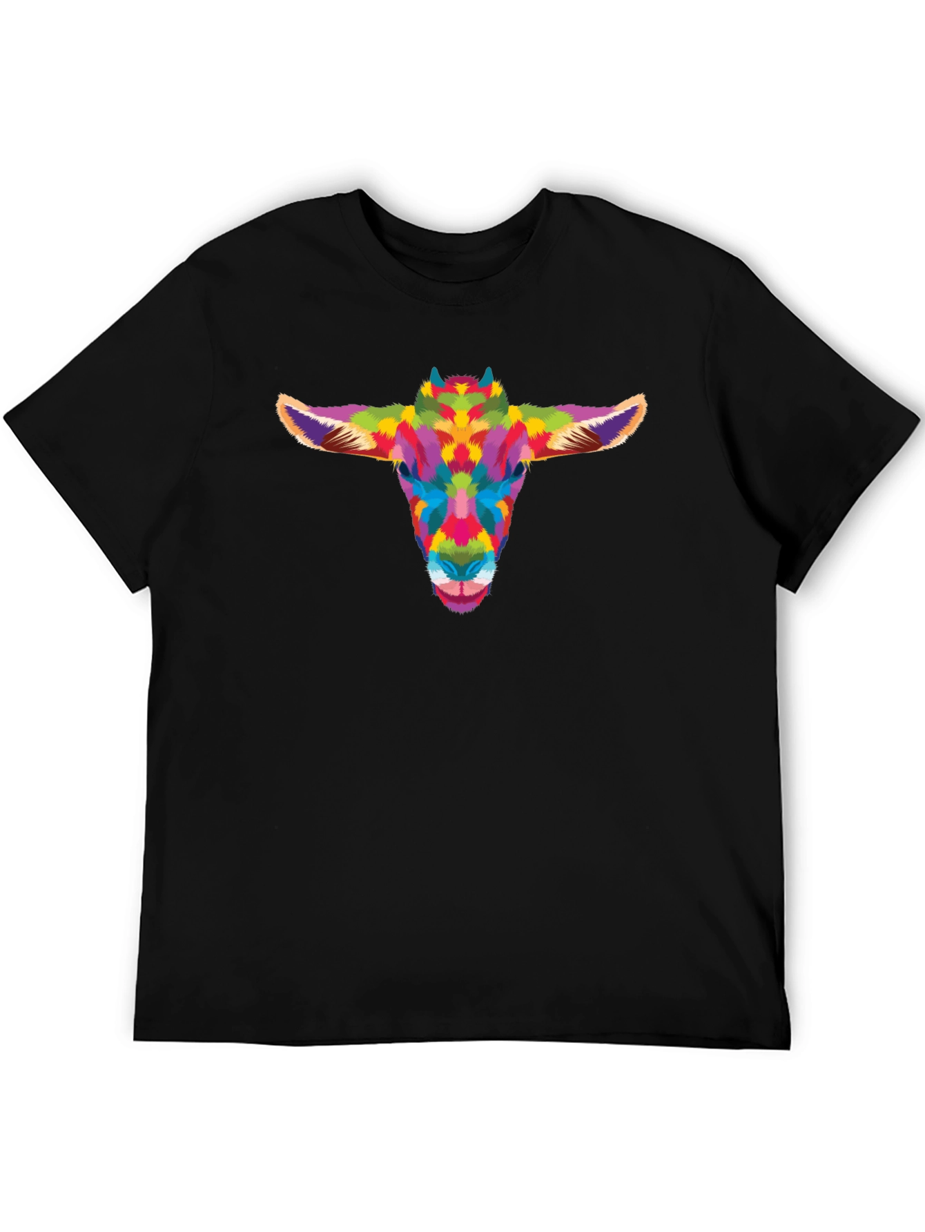Colorful Goat Head Graphic Tee - Black Cotton Shirt