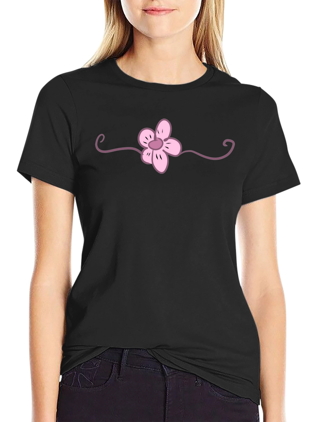 Black T-Shirt with Pink Flower Graphic