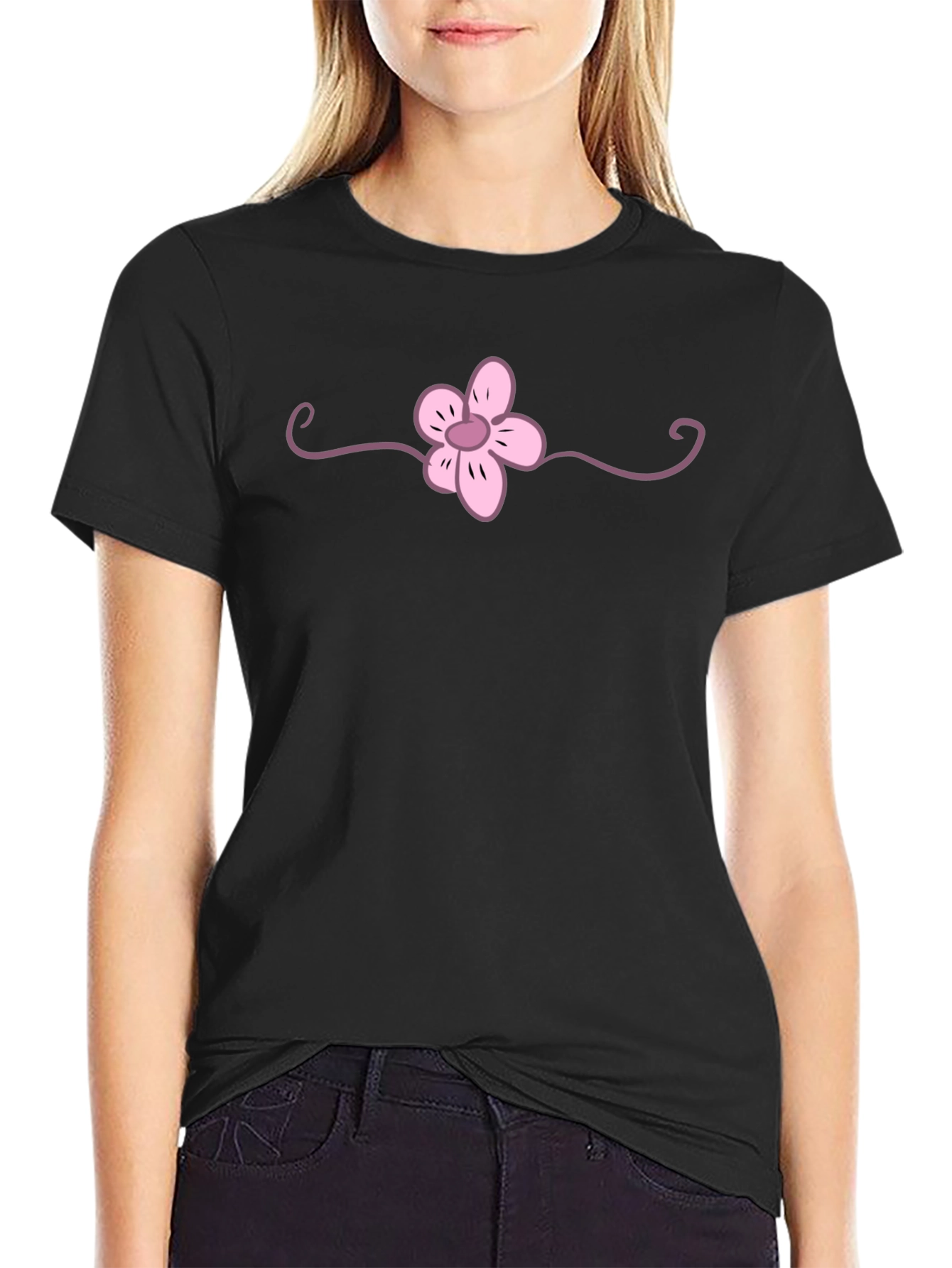 Black T-Shirt with Pink Flower Graphic
