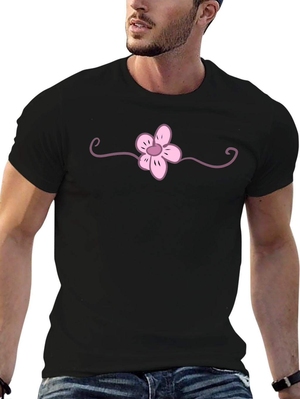Black T-Shirt with Pink Flower Graphic