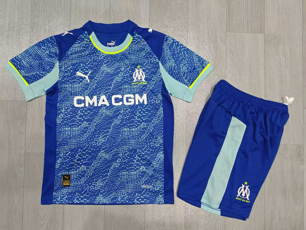 KIDS  Olympique de Marseille Away Jersey & Shorts Set Deep Royal Blue / Mint Green / Electric Yellow