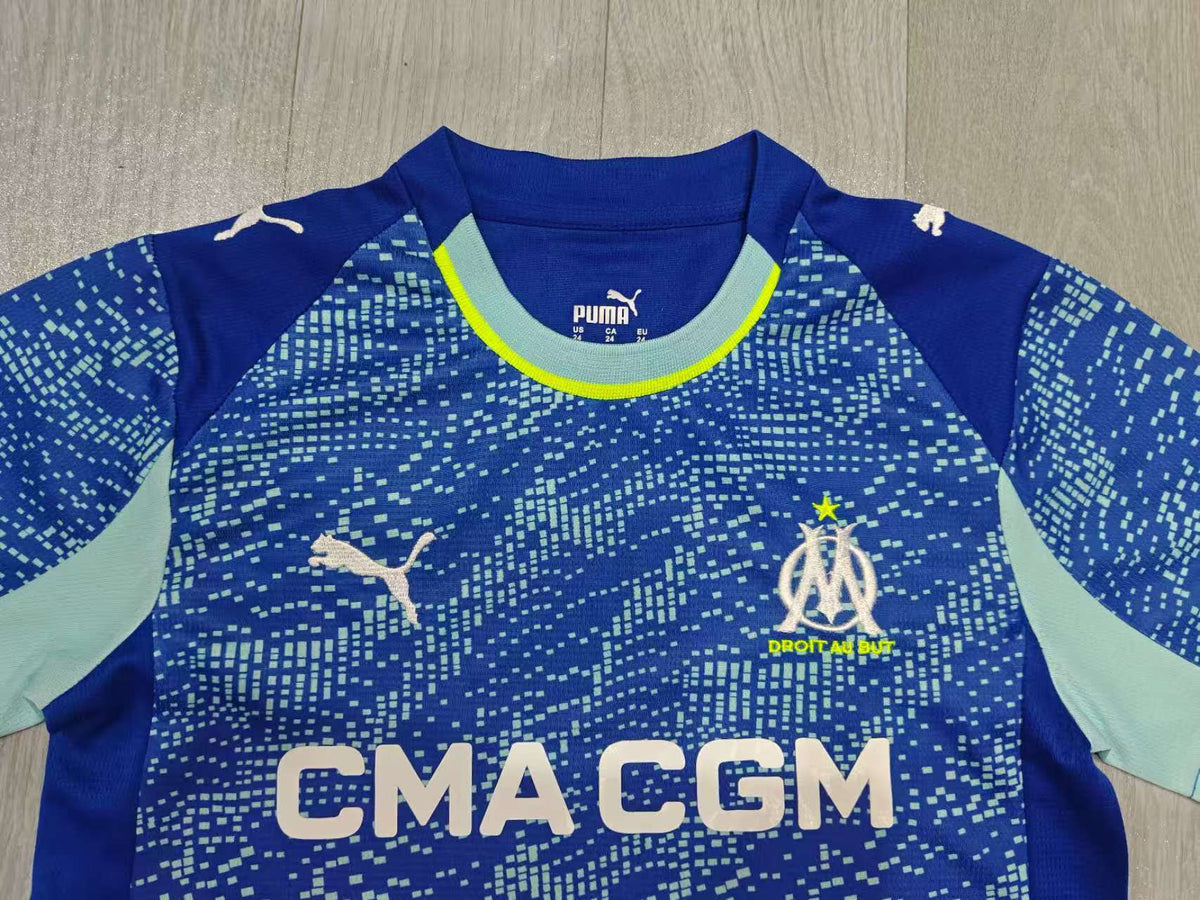KIDS  Olympique de Marseille Away Jersey & Shorts Set Deep Royal Blue / Mint Green / Electric Yellow