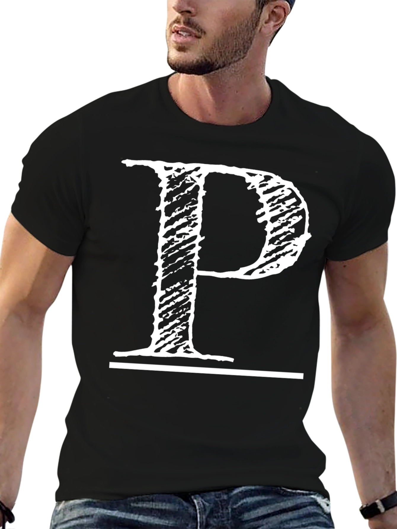 Black T-Shirt with Distressed White Letter P Design