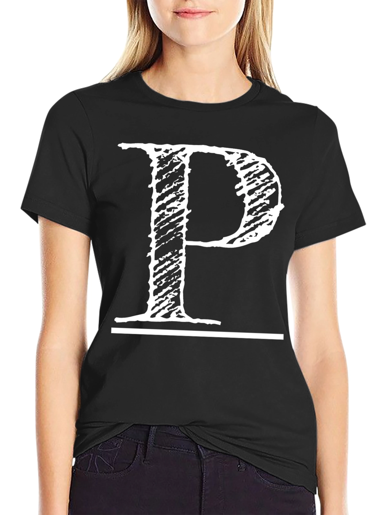 Black T-Shirt with Distressed White Letter P Design