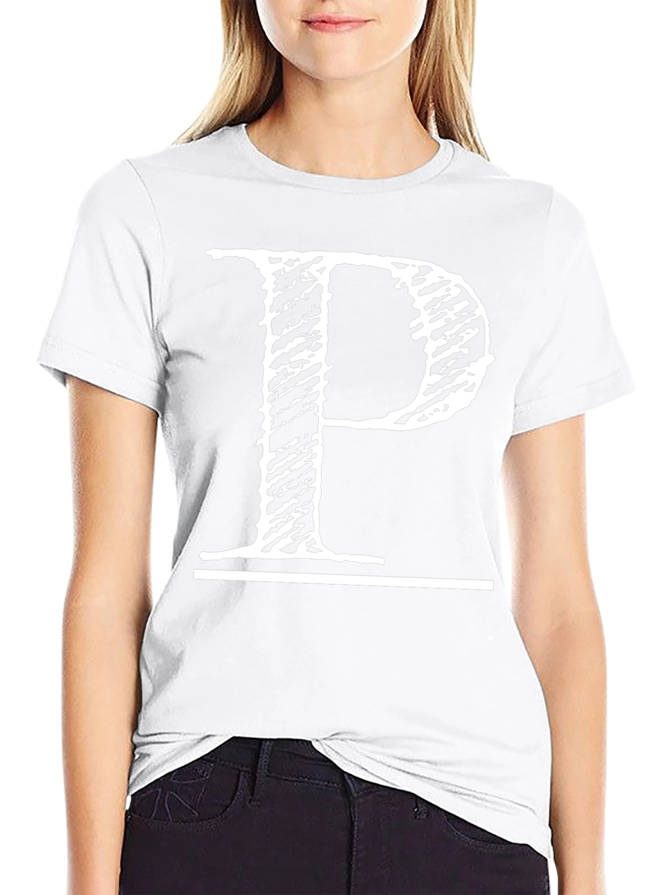 Black T-Shirt with Distressed White Letter P Design