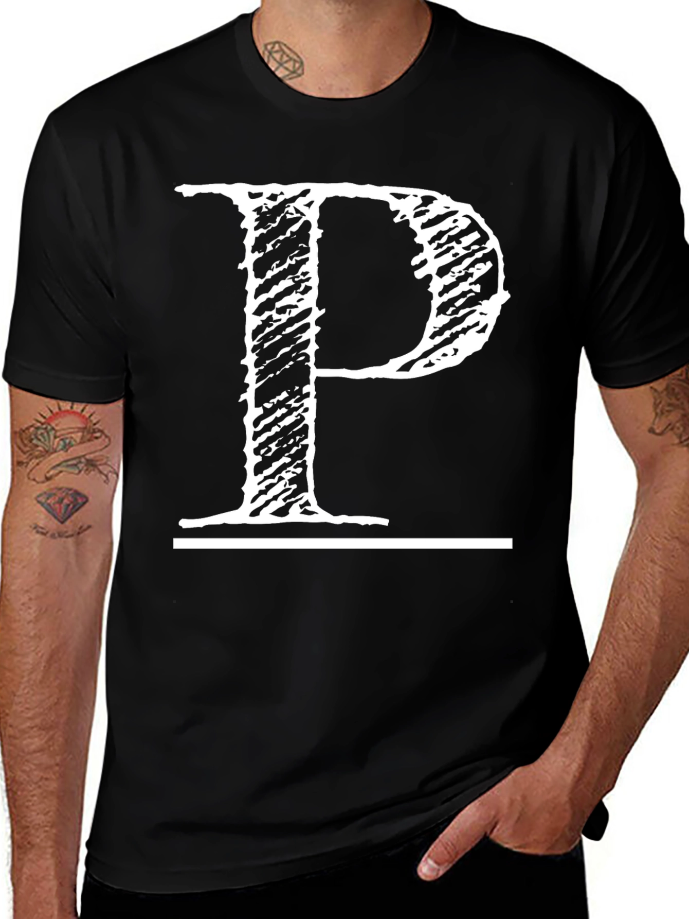 Black T-Shirt with Distressed White Letter P Design