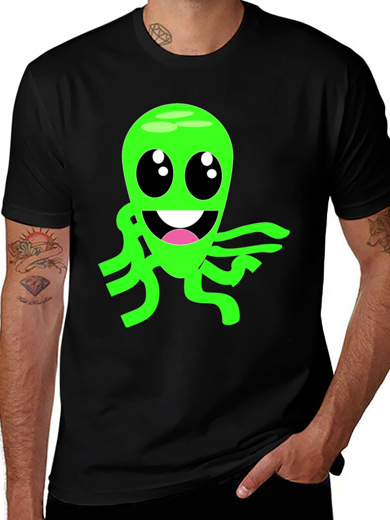 Cartoon Alien Graphic Tee - Black Cotton Blend T-Shirt