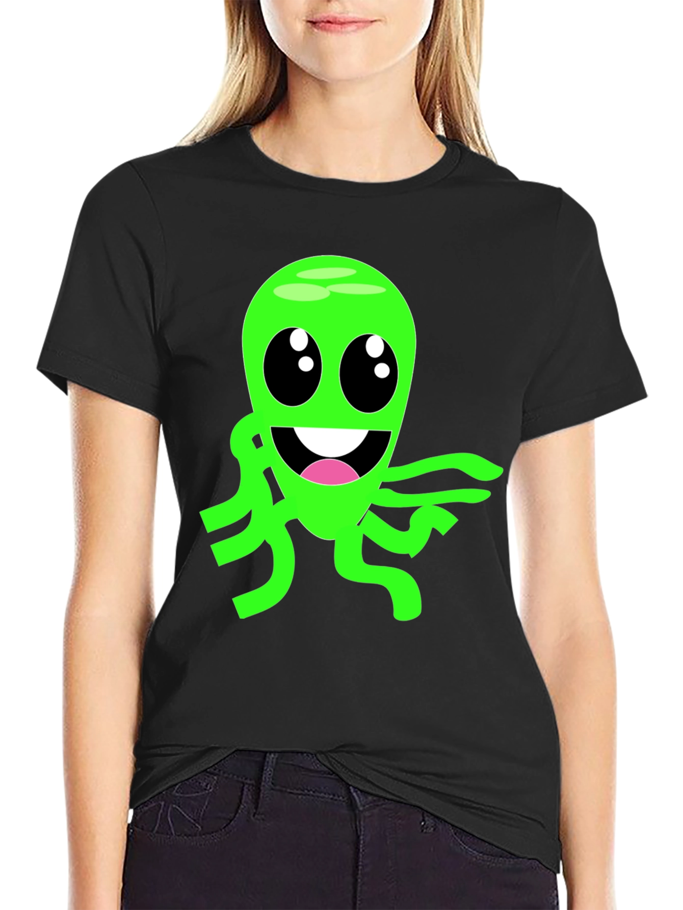 Cartoon Alien Graphic Tee - Black Cotton Blend T-Shirt