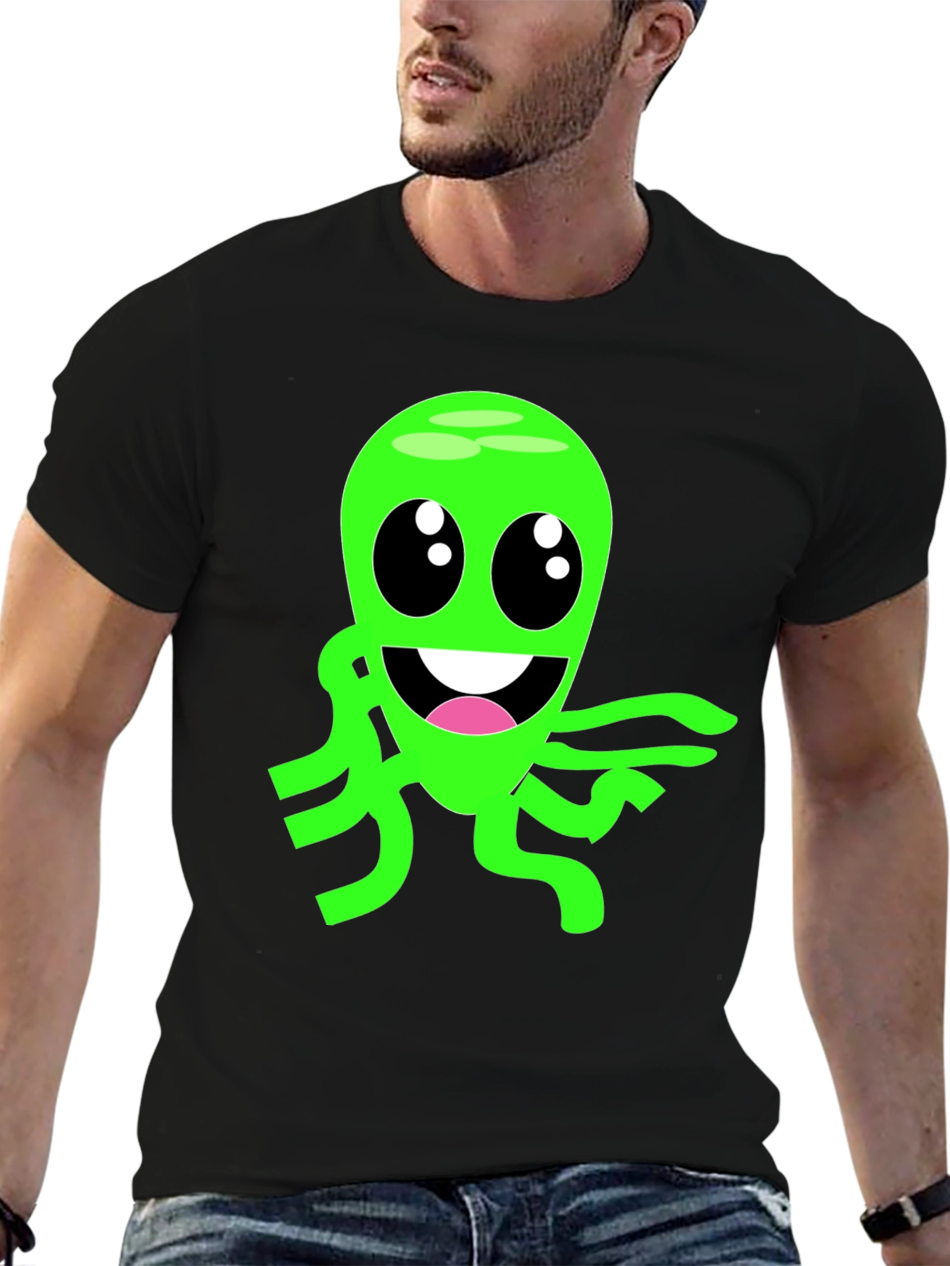 Cartoon Alien Graphic Tee - Black Cotton Blend T-Shirt