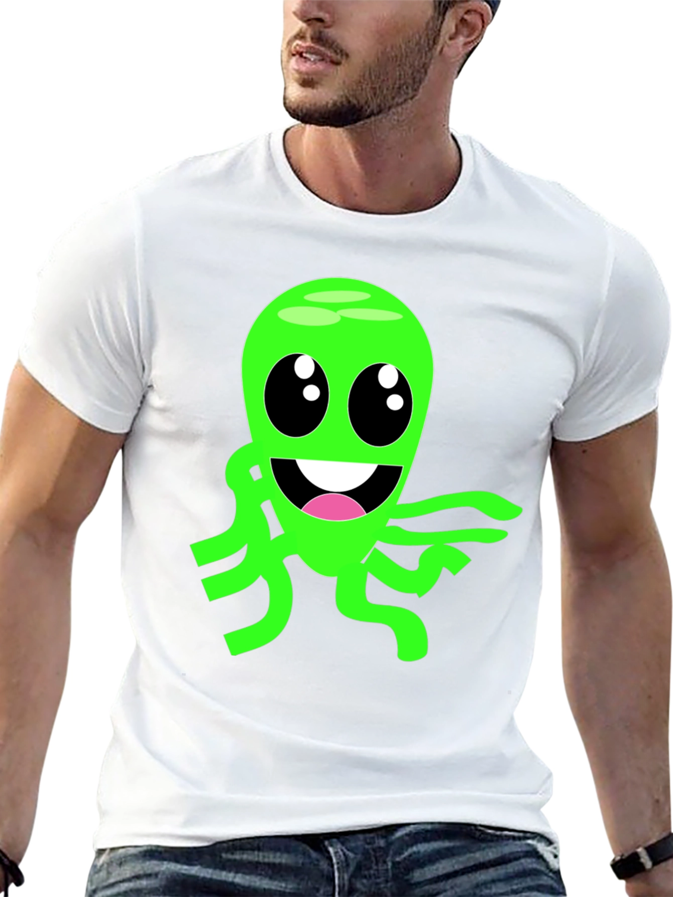 Cartoon Alien Graphic Tee - Black Cotton Blend T-Shirt