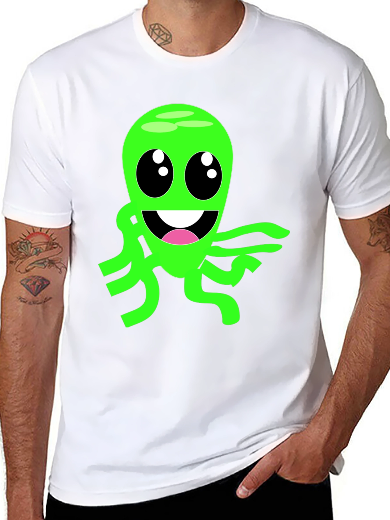 Cartoon Alien Graphic Tee - Black Cotton Blend T-Shirt