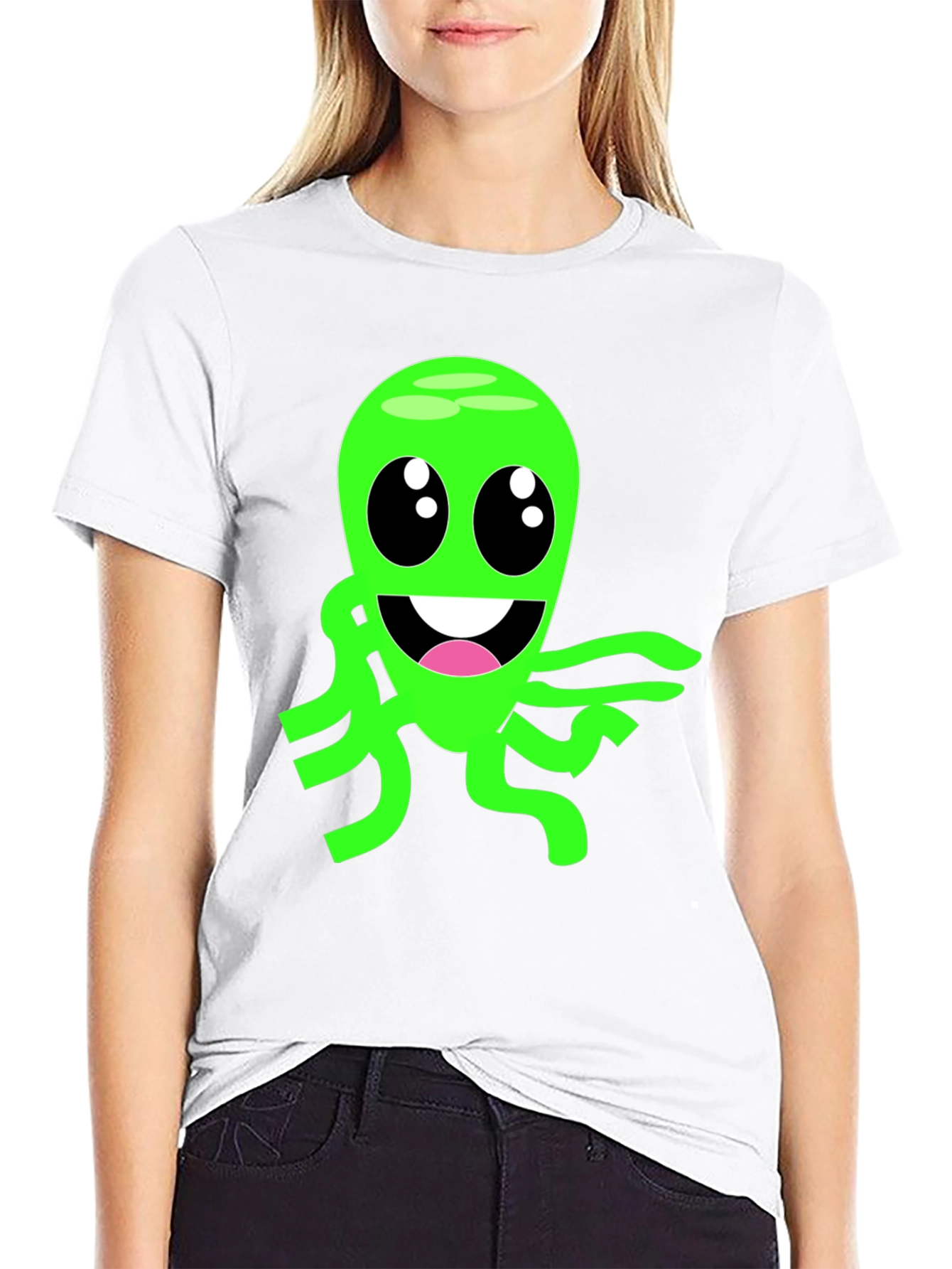 Cartoon Alien Graphic Tee - Black Cotton Blend T-Shirt