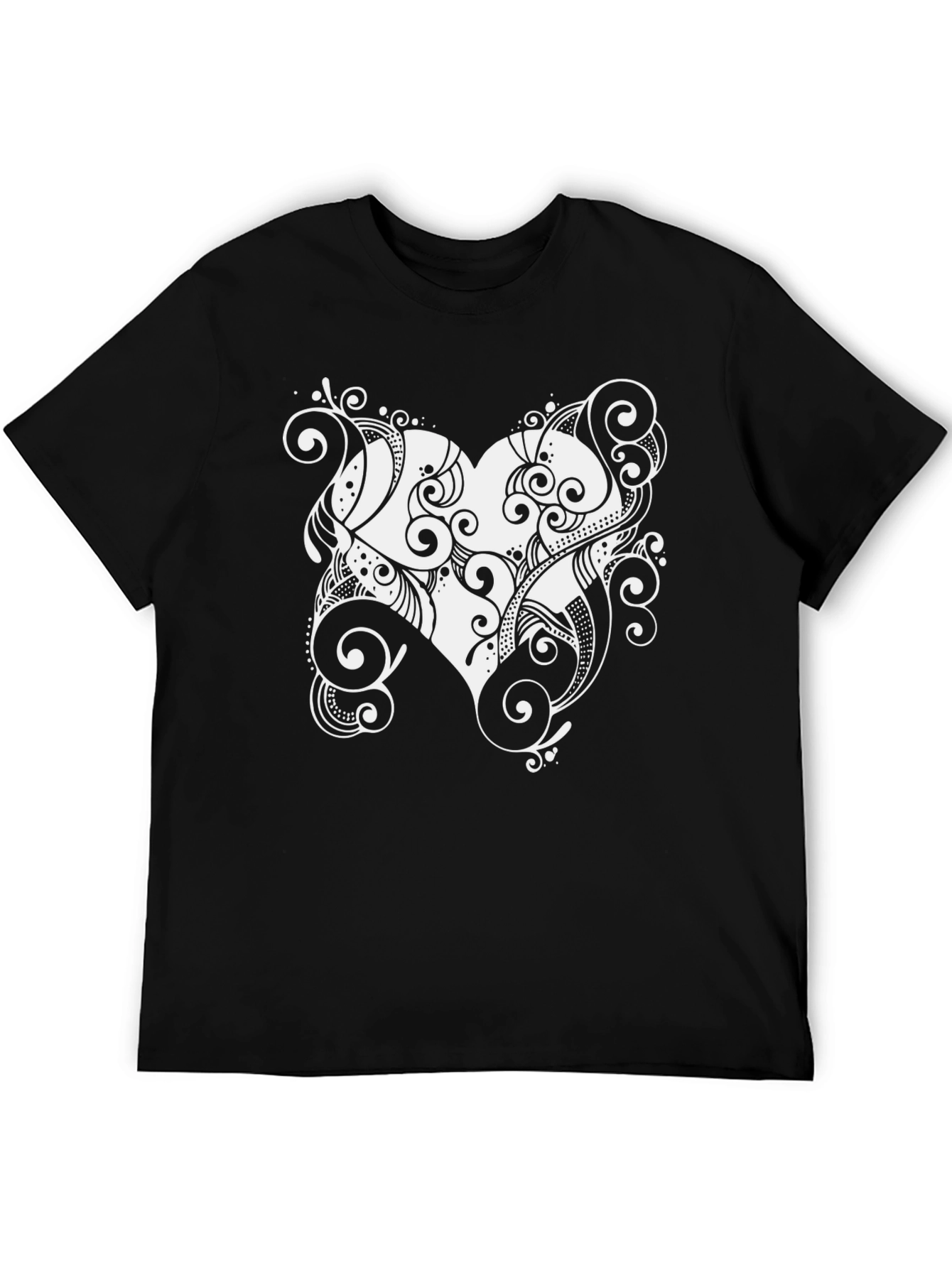 Stylish Black Tee with Heart Swirl Design