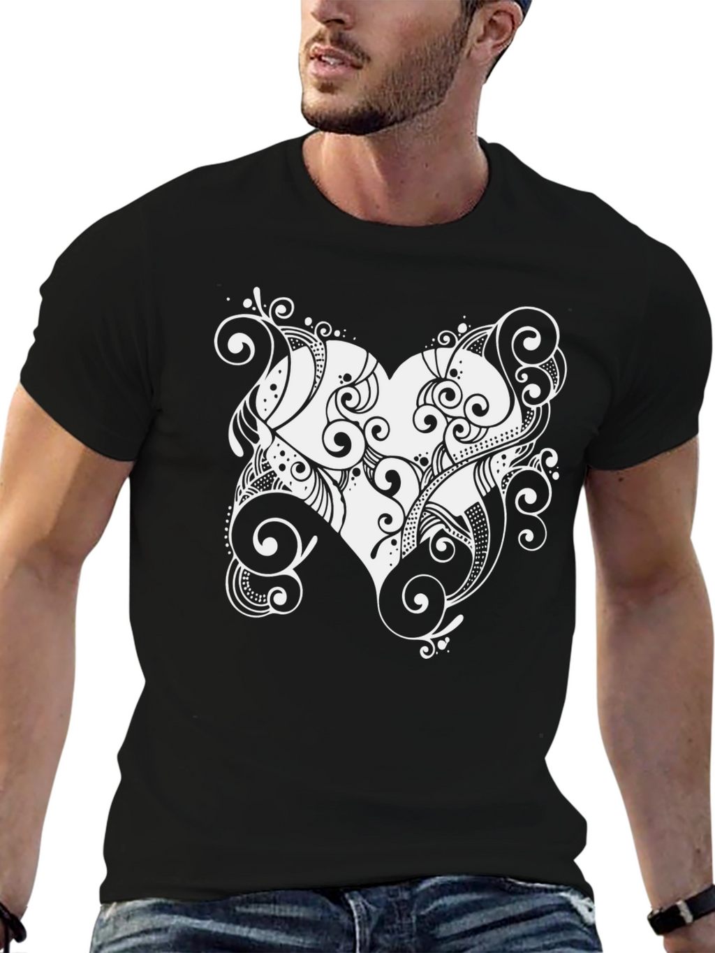 Stylish Black Tee with Heart Swirl Design