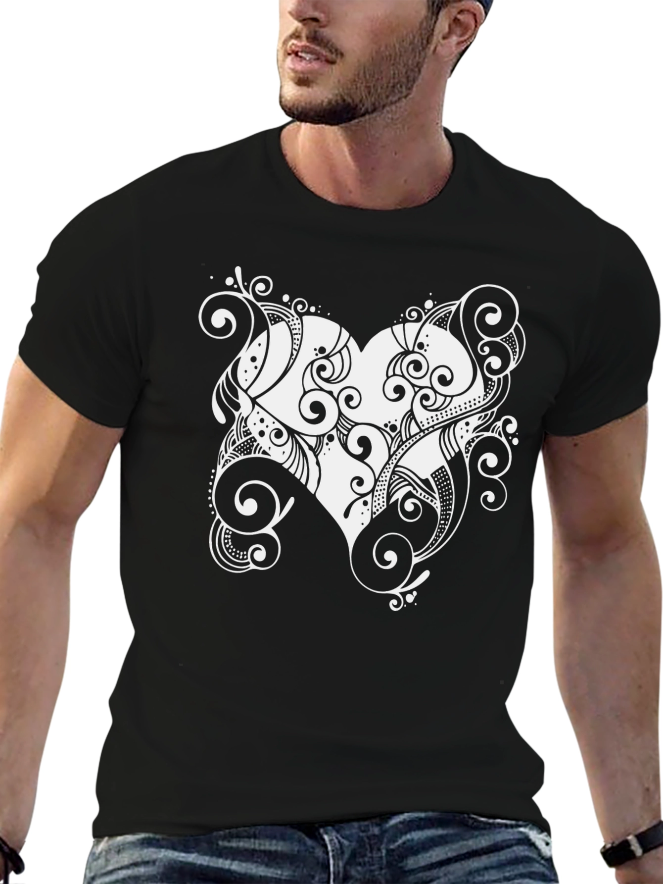 Stylish Black Tee with Heart Swirl Design