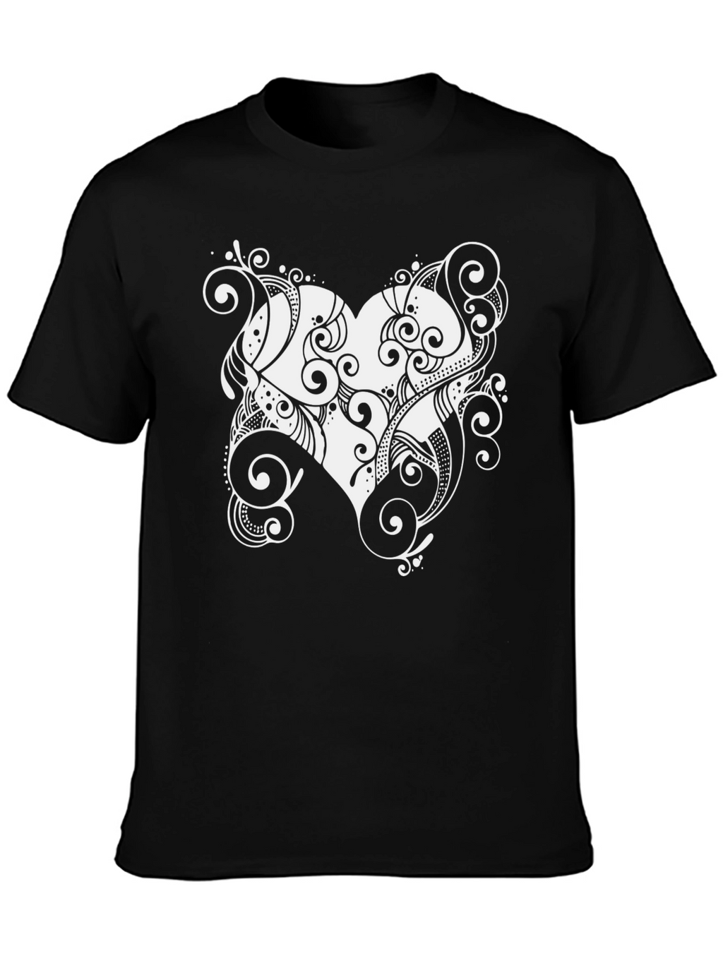 Stylish Black Tee with Heart Swirl Design