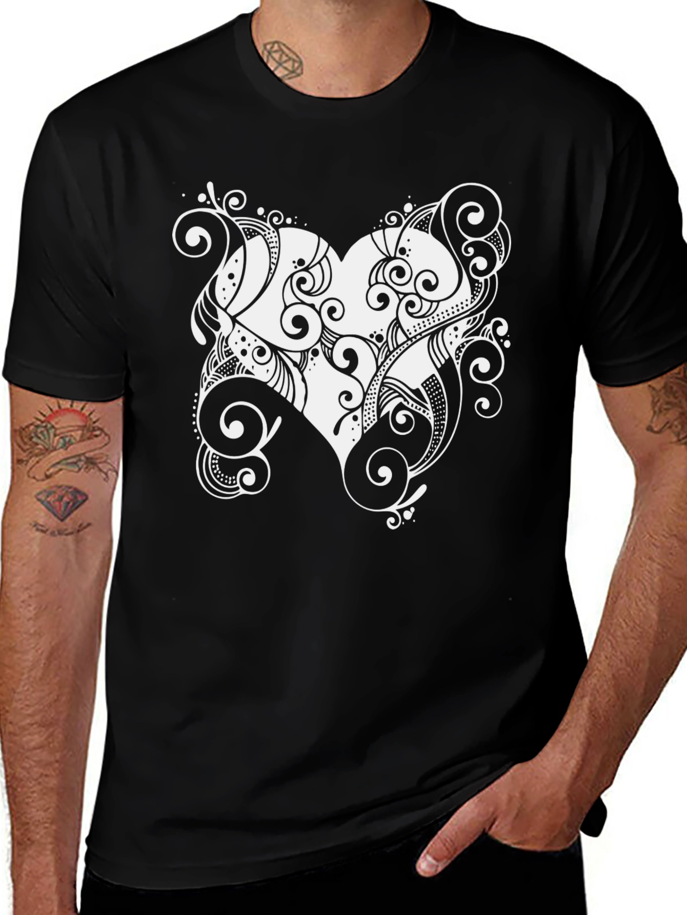 Stylish Black Tee with Heart Swirl Design
