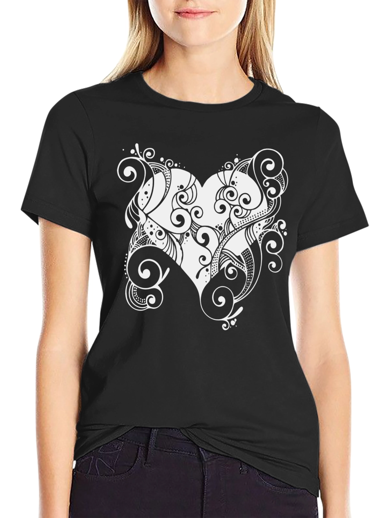 Stylish Black Tee with Heart Swirl Design