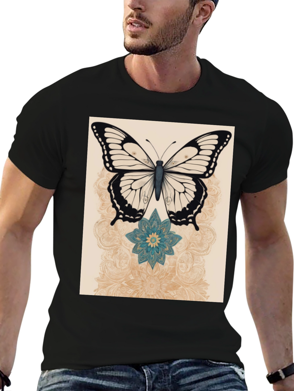 Butterfly & Flower Graphic Print Black T-Shirt