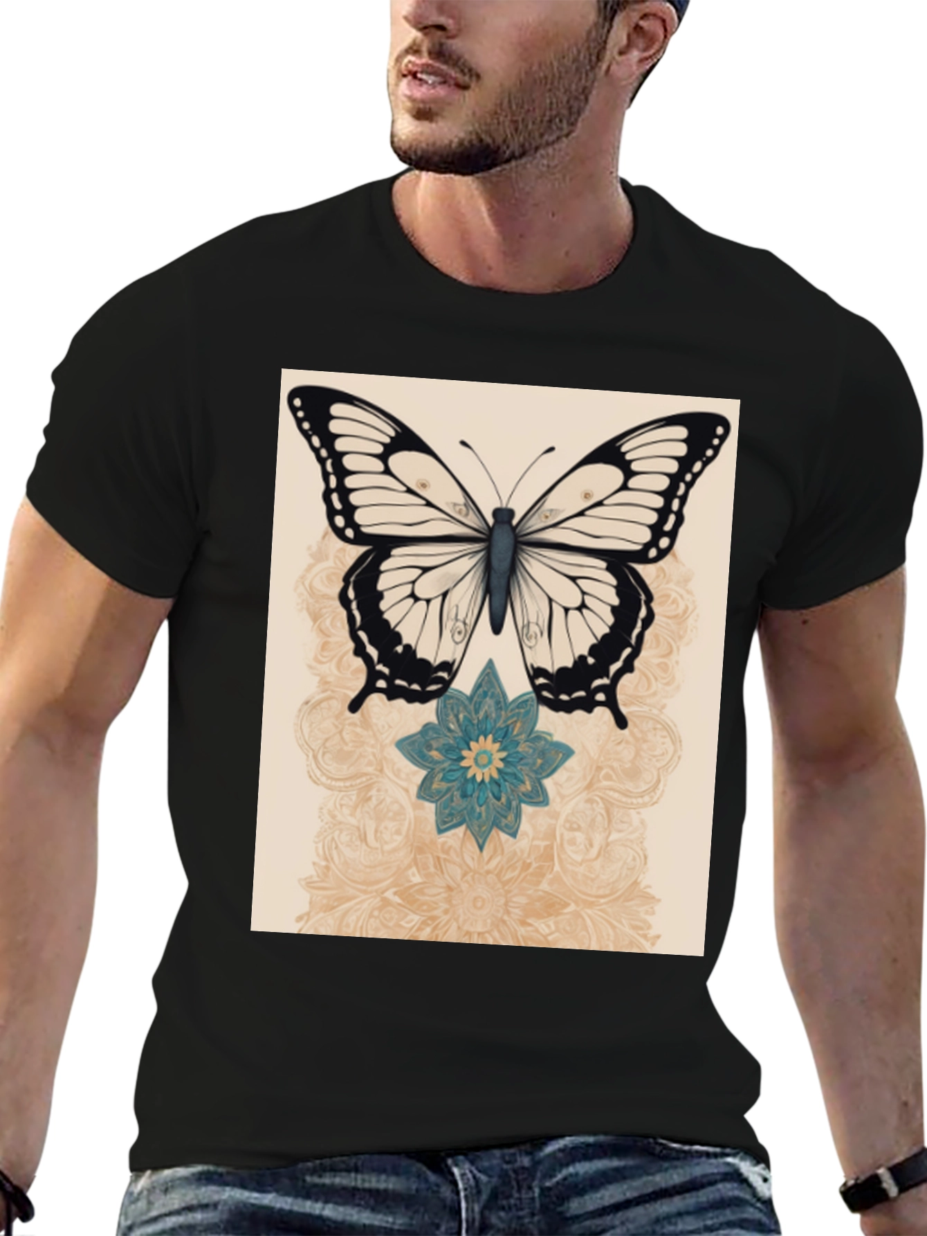 Butterfly & Flower Graphic Print Black T-Shirt