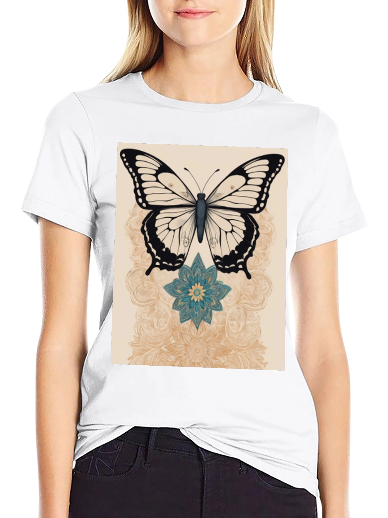 Butterfly & Flower Graphic Print Black T-Shirt