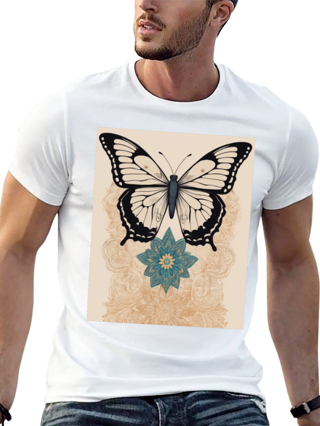 Butterfly & Flower Graphic Print Black T-Shirt
