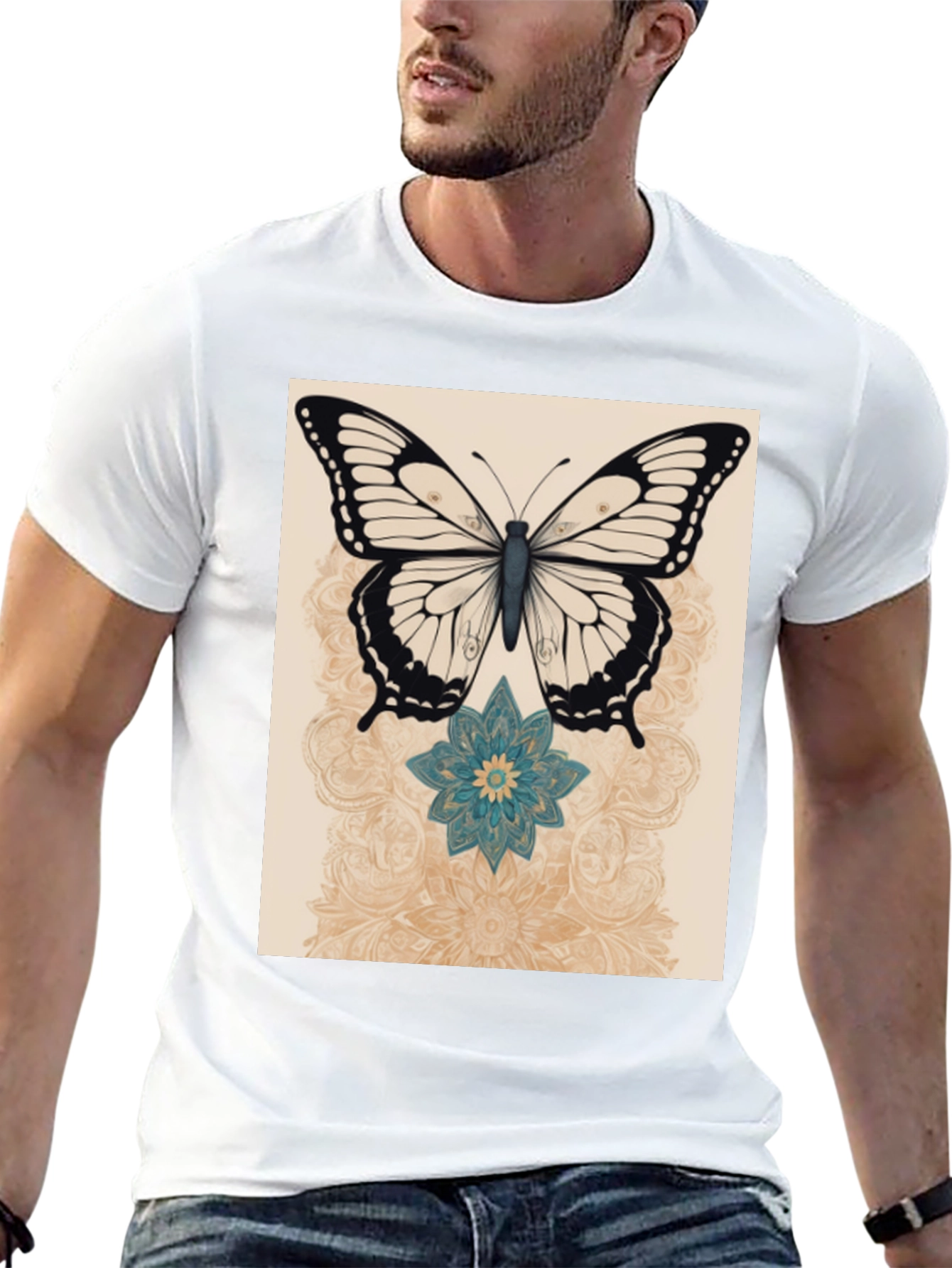Butterfly & Flower Graphic Print Black T-Shirt