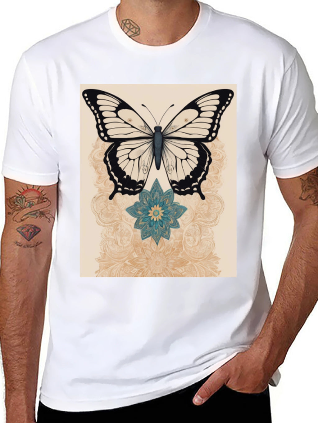 Butterfly & Flower Graphic Print Black T-Shirt