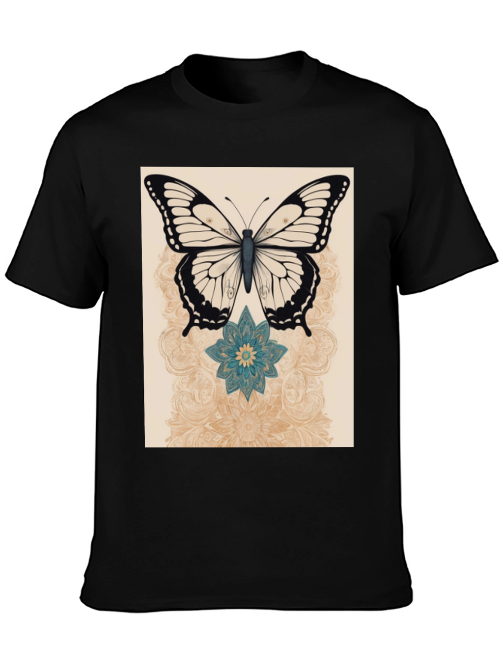 Butterfly & Flower Graphic Print Black T-Shirt