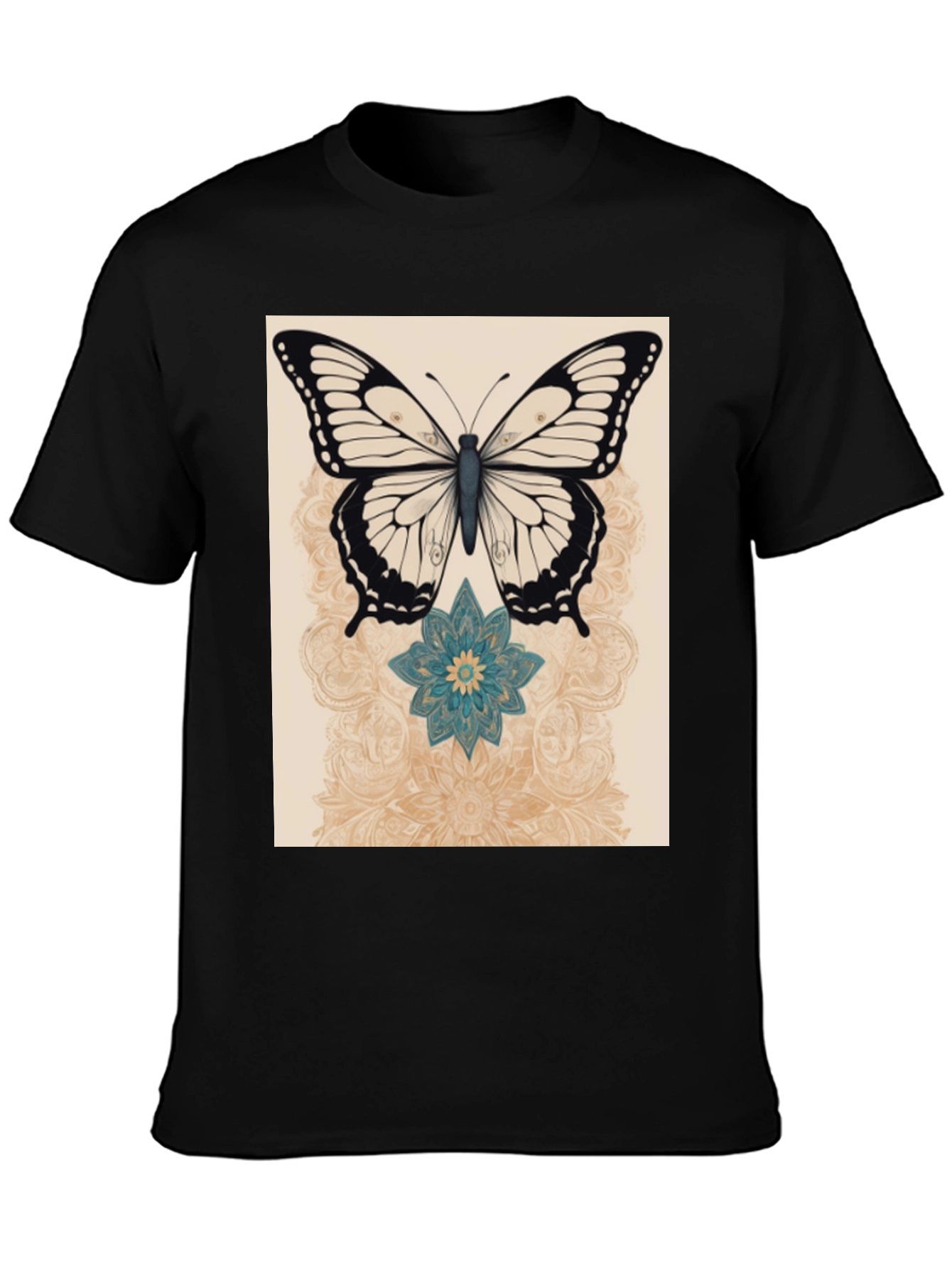 Butterfly & Flower Graphic Print Black T-Shirt