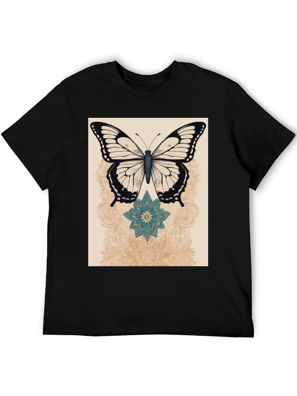 Butterfly & Flower Graphic Print Black T-Shirt