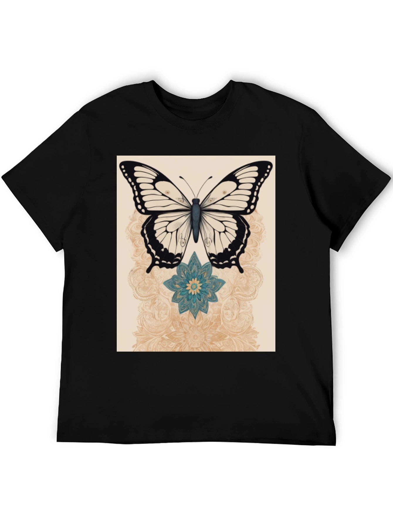 Butterfly & Flower Graphic Print Black T-Shirt