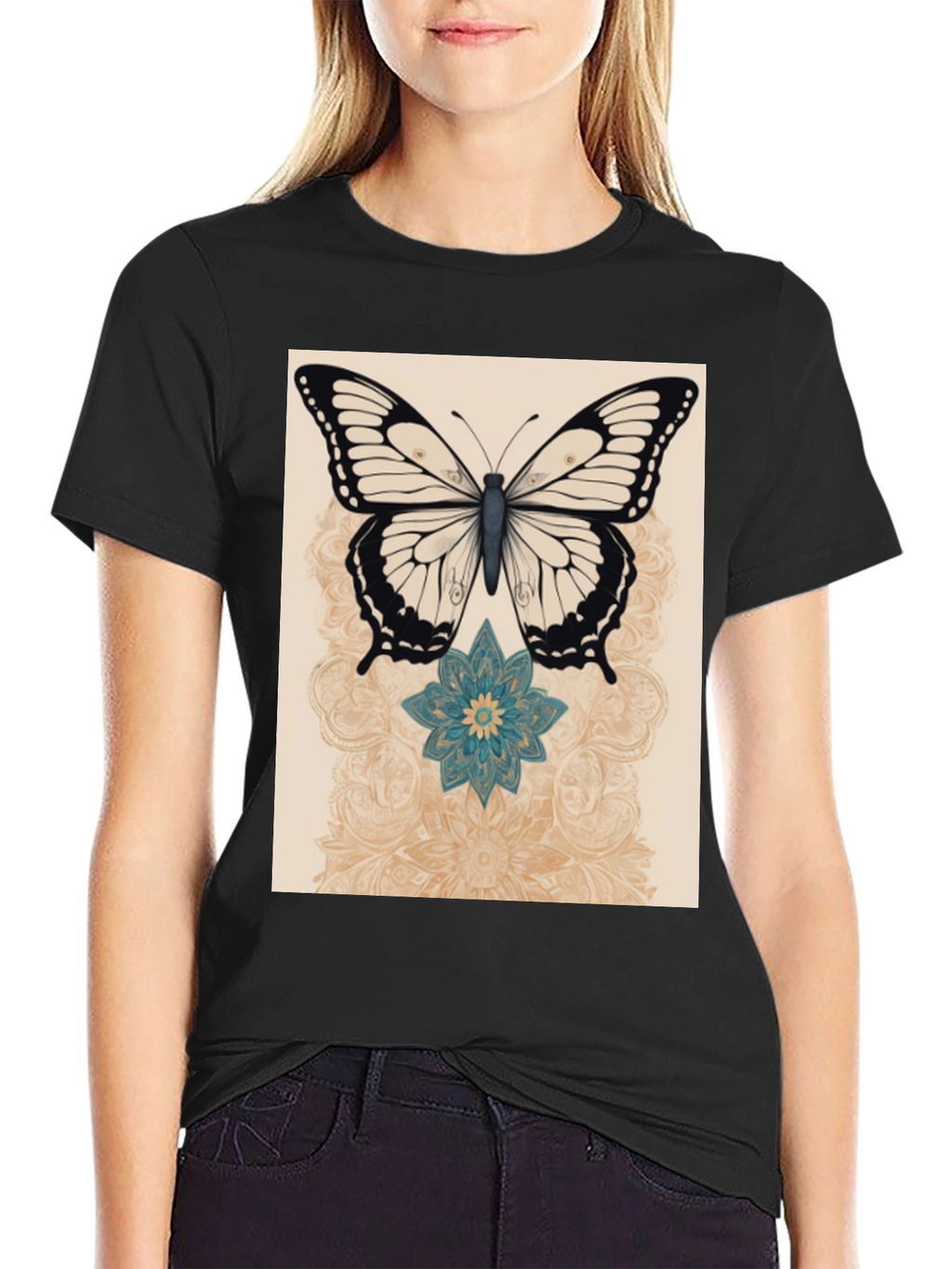 Butterfly & Flower Graphic Print Black T-Shirt