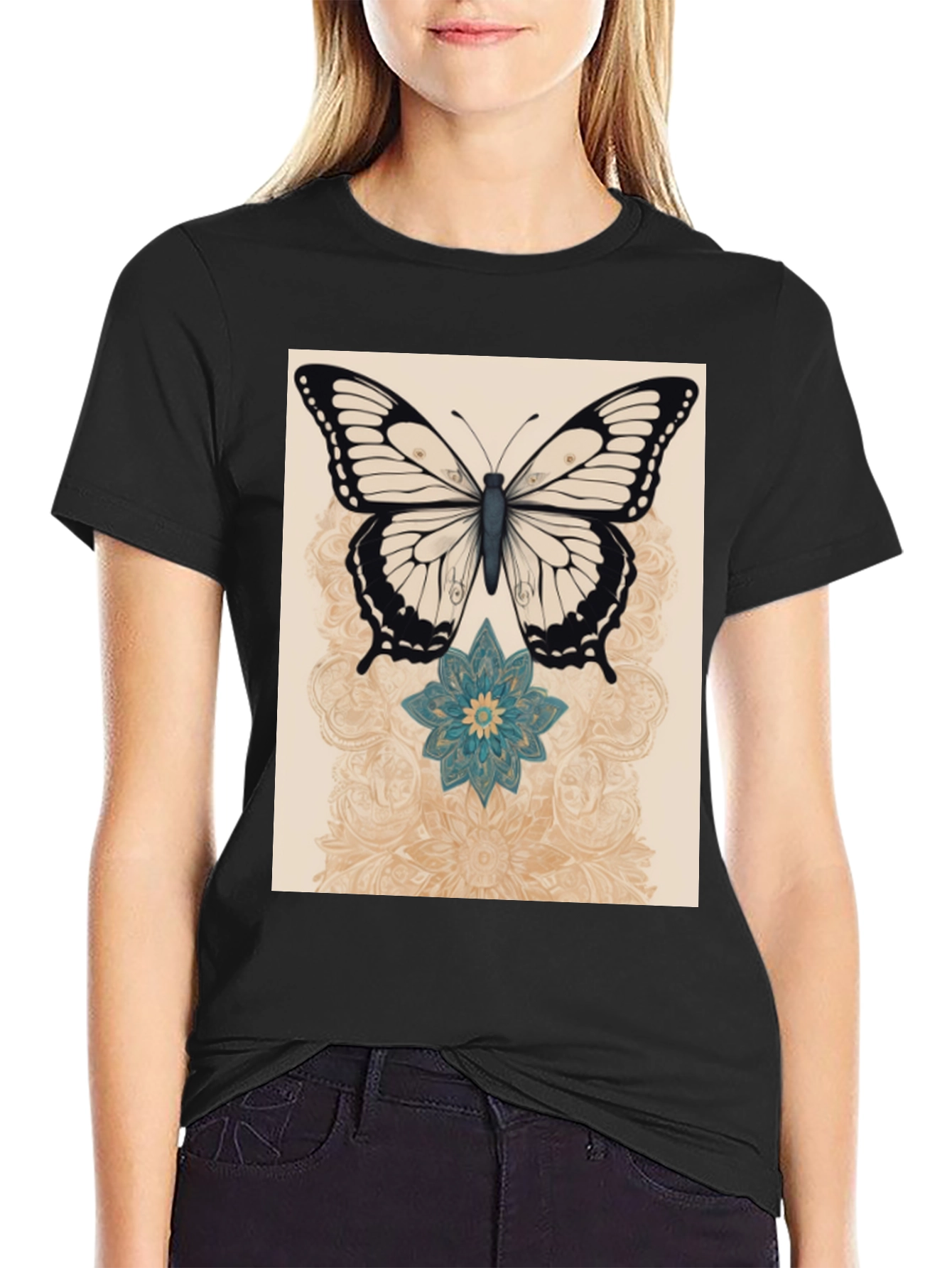 Butterfly & Flower Graphic Print Black T-Shirt