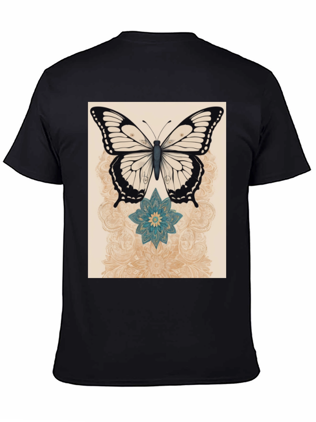Butterfly & Flower Graphic Print Black T-Shirt